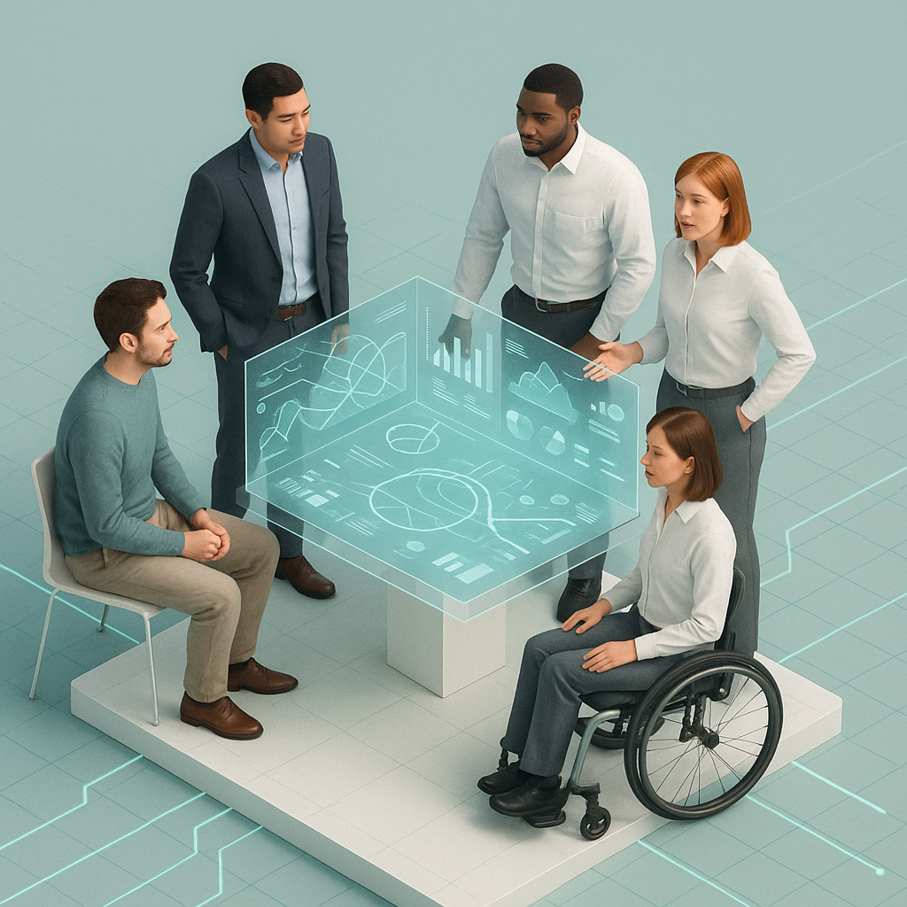 diverse consultants sitting around a hologram interface designing a modern technology driven and data led set of transport solutions