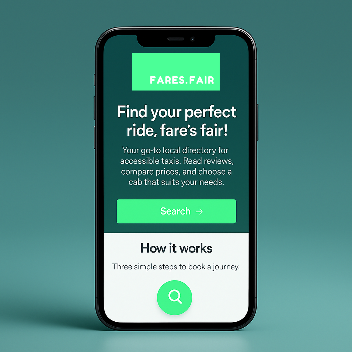 front on image of a smartphone showing the faresfair.me home page - a local directory for accessible taxis