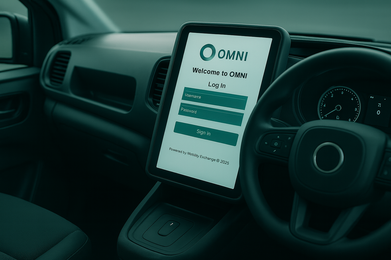 image of a near future taxi dashboard showing a screen with an Omni log in page