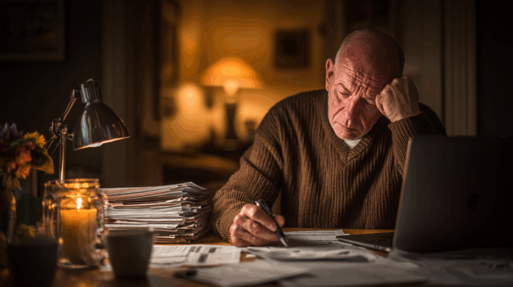 Older man manually applying for a licence with a local authority on this dining room table in the evening.