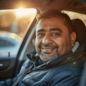 man in driver seat of car smiling at camera