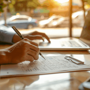Man using a laptop and completing a physical application form at a desk with taxis visible outside the office window
